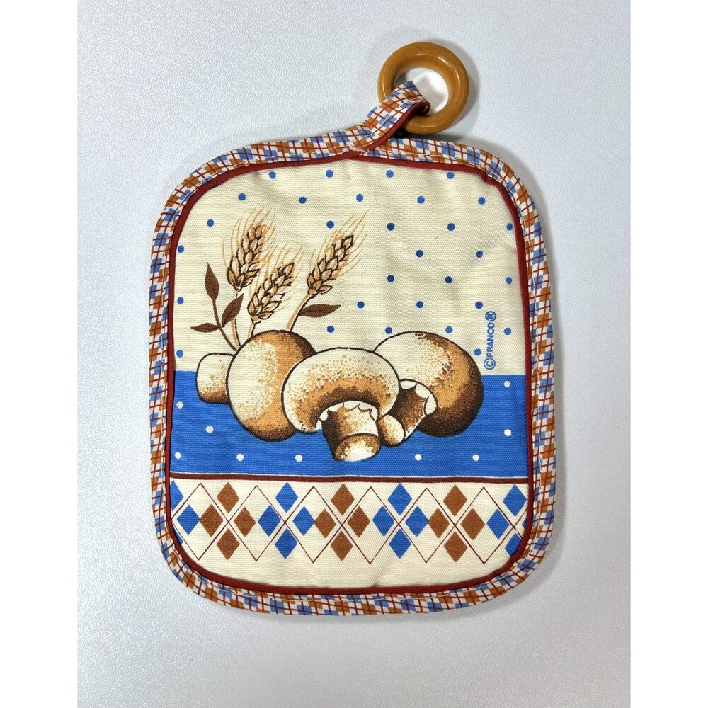Vintage Franco Mushroom Diamond Pattern Blue Potholder Wood Ring Cottagecore